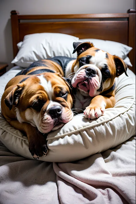 Bulldog sleeping in a king-size bed