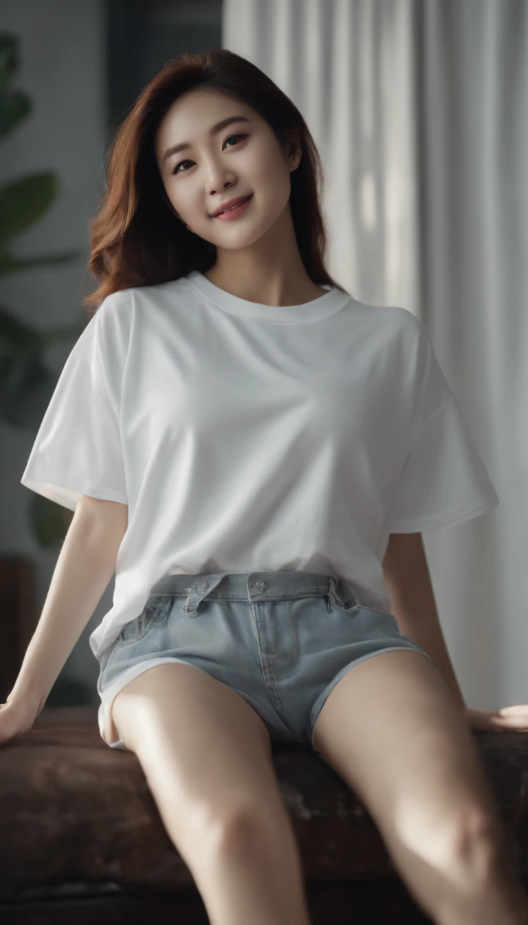 4K high quality, Bedroom, Three-point lighting, cinematic photo shoot, Soft lighting, Realistic lighting, beautiful Korean women，Korean girl with beautiful body, Beautiful face, Wearing gym shorts, T-shirt, Slim body, smiling at camera, Seductive pose, Ful...