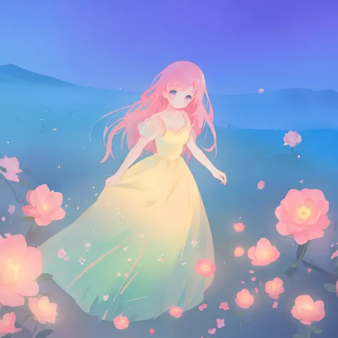 beautiful girl in puffy glowing ballgown, a field with round puffball pink flowers, otherworldly flowers, whimsical landscape, long pink flowing hair, watercolor illustration, inspired by Glen Keane, inspired by Lois van Baarle, disney art style, by Lois v...