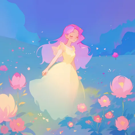 beautiful girl in puffy glowing ballgown, a field with round puffball pink flowers, otherworldly flowers, whimsical landscape, long pink flowing hair, watercolor illustration, inspired by Glen Keane, inspired by Lois van Baarle, disney art style, by Lois v...