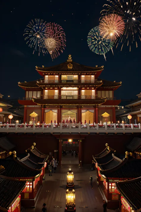 "Celebrate Chinese New Year in the traditional Chinese city, Light up the night sky, Majestic Chinese-style building in the center with two floors, Decorado com ambientes intrincados, Vibrant Chinese lanterns flying in the sky, Sparkling fireworks, imagem ...