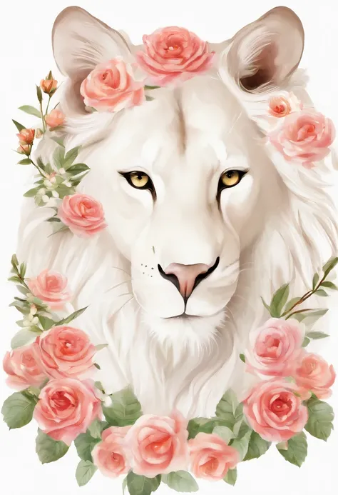 ((white background)), ((clipart )), ((sticker)), (((lion ear)), watercolor beautiful wild rose fantasy art, perfect eyes with beautiful face and flowers, angel wings, chibi cute animation style, vivid vivid colors, intricate details, hyper detail, hyper qu...