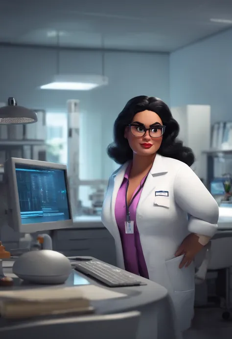 Pixar style image with 3D character white glasses big woman straight black hair in white lab coat working in front of computer in office, Maquiagem Disney,Pescador, bonitinho, sorridente ,Close-up, Pixar, Disney, Cinema lighting,