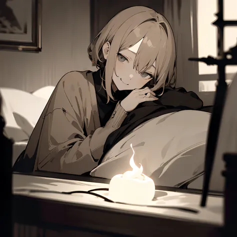 (​masterpiece、top-quality)、Hair with a short neckline、1 girl with beige hair、Warm lighting、Black cardigan、Smirk、grey  eyes、Sleep in the room, Blurred foreground、deep in the night、High contrast、Night、Sorcerer