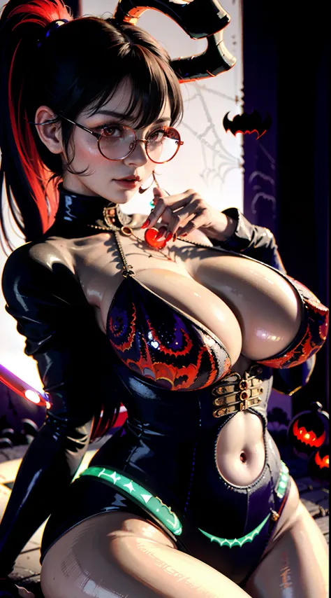 Wearing glasses、there is a woman in a corset posing for a picture, goddess of Japan, seductive tifa lockhart portrait, an oppai cyberpunk, The seductive beauty of glasses, biomechanical oppai, Tifa Lockhart, anaglyph effect ayami kojima, sakimichan hdri, g...