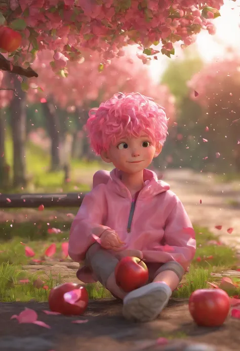 A boy with pink scraggly hair sitting under an apple tree while its lightly raining