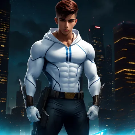 ((Extremely realistic shadows, Masterpiece, extremely detailed, photorealistic)) A teenager at 15 years old (Mexican ethnicity), teenager, handsome, young boy, tanned skin, Red hair, Military haircut, very tight clothing, Aesthetic body ; Ripped ABS, athle...