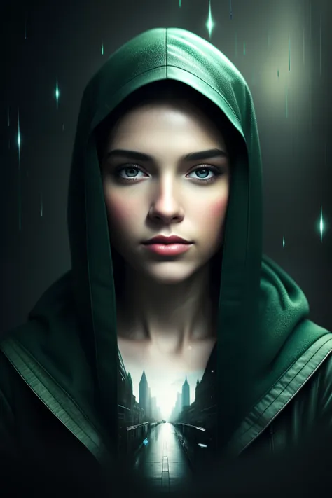 Heres a woman standing who is looking at the camera in the rain, cinematic realistic portrait, Pintura digital ultra realista, Arte digital ultrarrealista, Retrato suave disparado 8K, Gotas de lluvia en la cara, Arte digital ultra realista, Pintura digital...