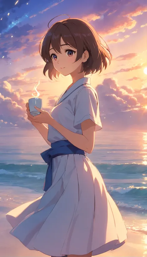 tmasterpiece，best qualtiy，cinematic Film still from，1girll，Drinking coffee、coffee cup,White long skirt，flying hair，Colorful auspicious clouds，girl with，Floating in the sky，beach side，closeup cleavage，brightened，cheerfulness，Warm and soft lighting，evening g...