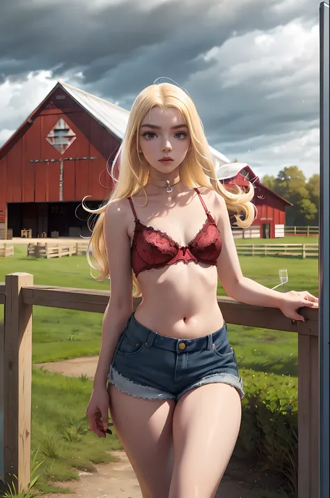 Anya Taylor-Jow, masterpiece quality, realistic, lots of detail, outside, sunny day, cloudy skies, on a farm, barn in background, cows in background, blonde hair, (blonde hair:1.5), wearing choker collar, wearing blue jean shorts, wearing red lace bra, dri...