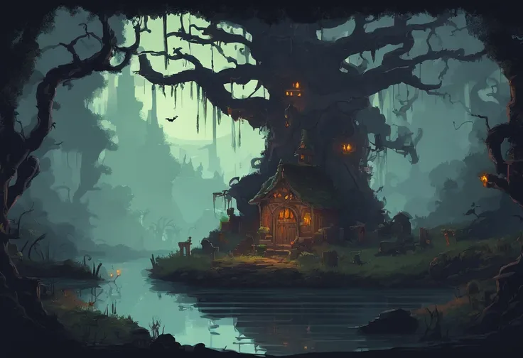 (a dilapidated,creepy,spooky) hut,swamp,misty,moonlit,witch,foreboding,shadows,darkness,dried branches,scraggly trees,bubbling cauldron,toads,croaking,foggy,moss-covered,rotting wood,hauntingly beautiful,glowing eyes,mystical atmosphere,enchanting,moonligh...