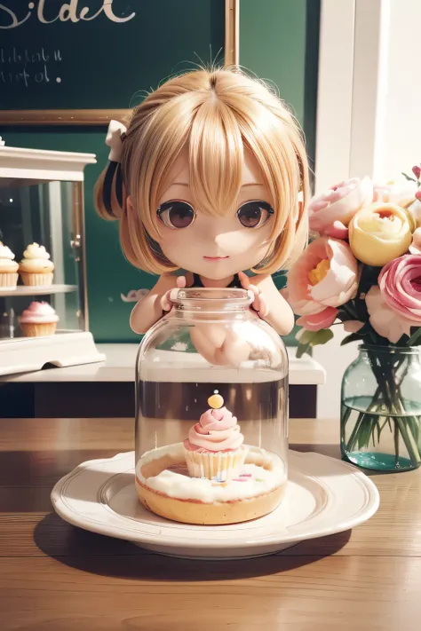 masutepiece, Highly detailed, (Chibi:1.3), , (1girl in), Blonde hair, Pastel colors, cosy atmosphere, Dessert Display Case, buttoning, cupcake, tart, a cake, Coffee machine, Chalkboard Menu, Natural lighting, Glass jar filled with candy, Frosted glazing, D...