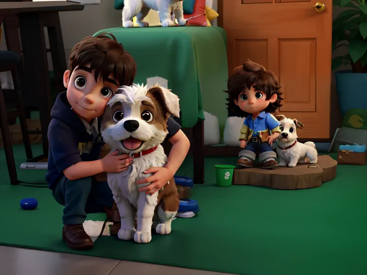 A five-year-old boy holding a white shitzu dog with brown males.