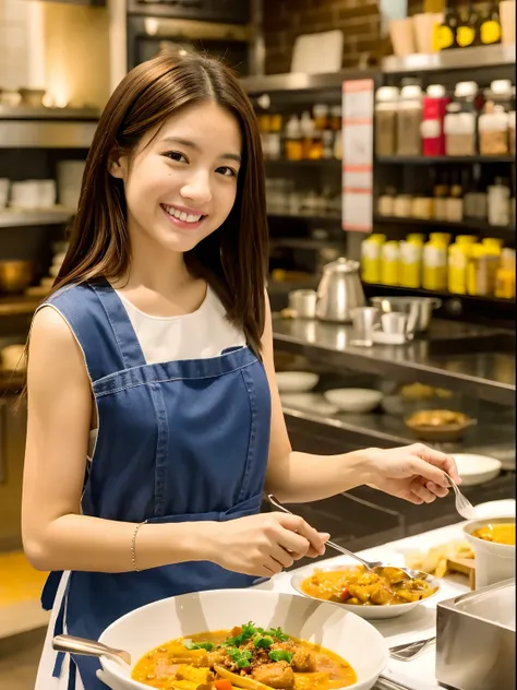 masutepiece、hight resolution、The curry shop of the future、Woman Making Delicious Curry、２５Year old girl、１Girl clerk、Looking at the camera、smil、Finish as shown in the photo、Curry and beauty、the skin is white and beautiful、