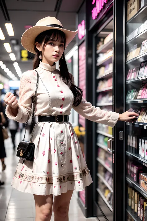 Arape woman in dress and hat standing in clothing store, 🤬 🤮 💕 🎀, fashionable, in door : Adam Saks, 🕹️ 😎 🔫 🤖 🚬, BAPV, in door : Emma Andijewska, exclusive, Appearing in shopping malls, making: Emanuel Witz, fashion, masterpiece work of art, 🕹️ 😎 🚬