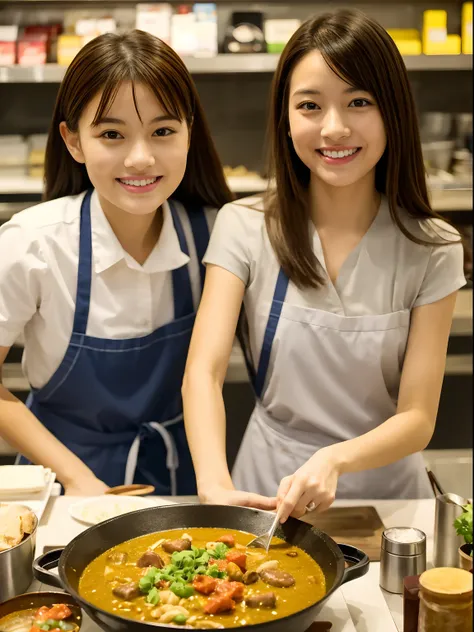 masutepiece、hight resolution、The curry shop of the future、Woman Making Delicious Curry、２５Year old girl、１Girl clerk、Looking at the camera、smil、Finish as shown in the photo、Curry and beauty、the skin is white and beautiful、