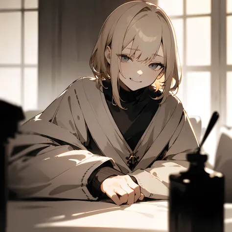 (​masterpiece、top-quality)、Hair with a short neckline、1 girl with beige hair、Warm lighting、Black cardigan、Smirk、grey  eyes、Sleep in the room, Blurred foreground、deep in the night、High contrast、Night、Sorcerer