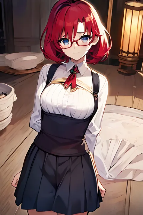 ​masterpiece、top-quality、1 girl in、red hairs、large full breasts、shortsleeves、cleavage of the breast、short-hair、eye glasses、anime styled、High School Uniforms、high quality fingers、lightsmile、The upper part of the body 、Get down on one knee、Skirt Fold、Fluffy ...