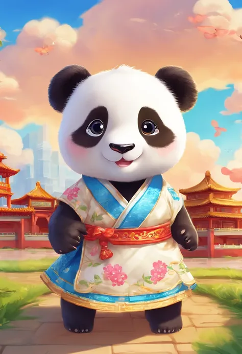 A cartoon giant panda baby in a Hanfu skirt happily plays in front of the Forbidden City，Blue sky, white clouds, and sunshine