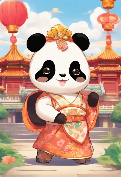 A cartoon giant panda baby in a Hanfu skirt happily plays in front of the Forbidden City，Blue sky, white clouds, and sunshine