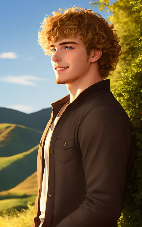 18 year old boy, muscular build, broad shoulders, curly blonde hair, deep blue eyes, golden hour lighting, peasant clothing, young features, beard stubble, kind eyes, kind smile, photo realistic, lush green scenery