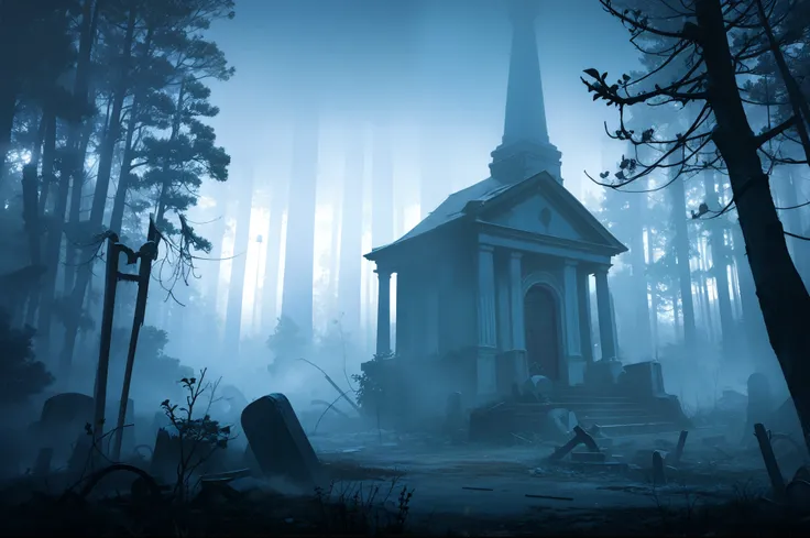 Creepy abandoned graveyard, night, near a forest, night time, dark sky, foggy ground --auto