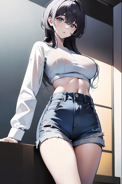 Realistic, high-resolution, 1girll, white wavy hair, Korean, heterochromic eyes, small moles under the eyes, loose white shirt, Skinny denim shorts, big breasts, thighs, Visible masterpiece trousers, Realism