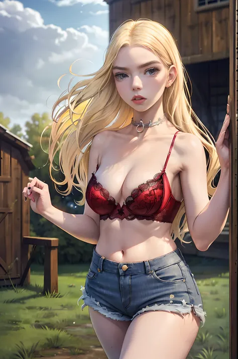 Anya Taylor-Jow, masterpiece quality, realistic, lots of detail, outside, sunny day, cloudy skies, on a farm, barn in background, cows in background, blonde hair, (blonde hair:1.5), wearing choker collar, wearing blue jean shorts, wearing red lace bra, thi...