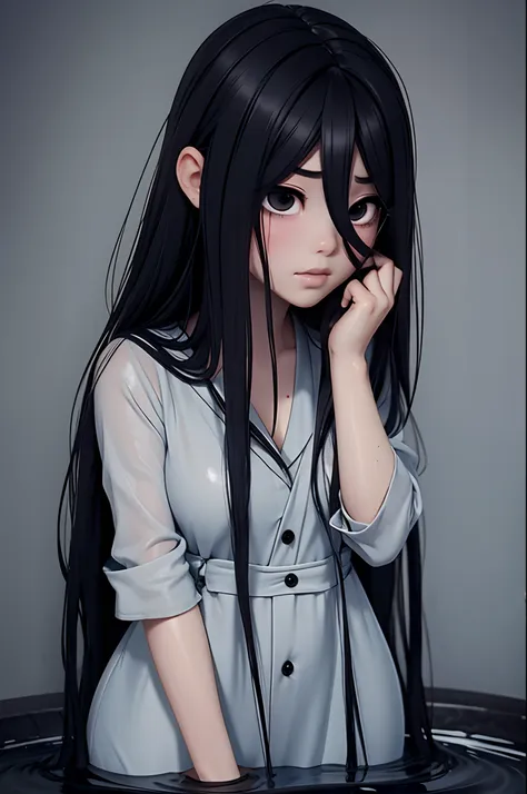 sadako, soaking wet, wet gown, grey skin, hair covering face, sexy.