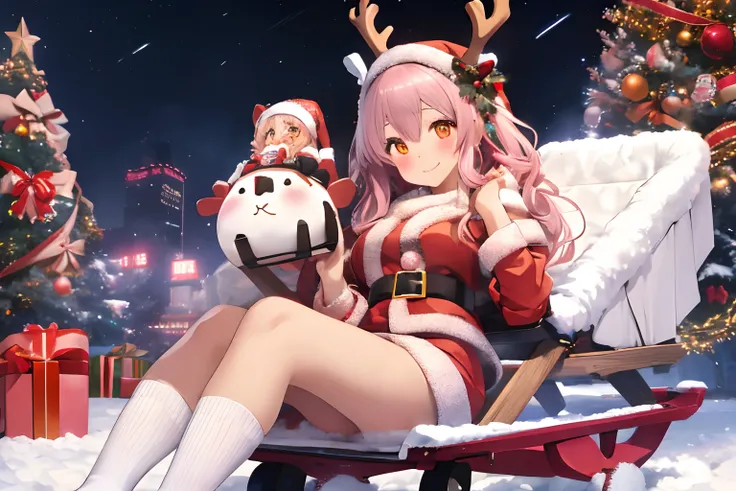 In the snowy city in winter,Voluminous and fluffy Santa costume,Wrap the main unit with a ribbon,Loose socks,Christmas tree,Beautiful and fantastic night view,Light pink hair,Orange Eyes,Reindeer and sleigh,Ecstasy on a sleigh,There are many gifts and orna...