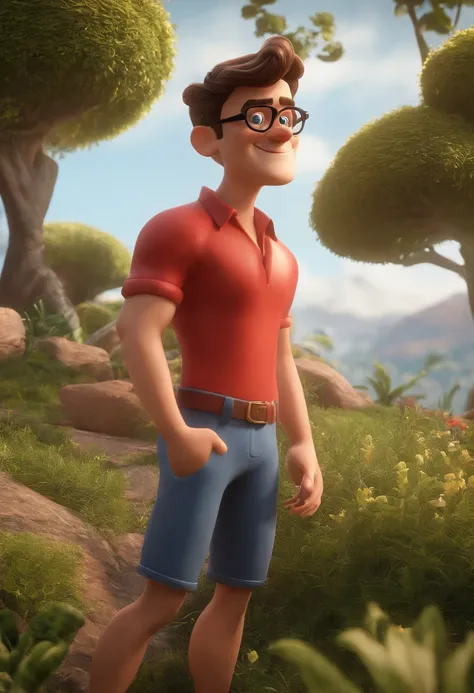 Cartoon character of a man with black glasses and a red shirt, calvo, fofinho com uma crianca sobre os ombros num bosque com um lago ao fundo,animation character, Caractere estilizado, rendering A Pixar-like animated character, Caractere estilizado, animat...