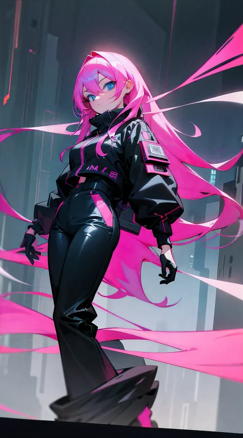 1girl, long pink hair, blue eyes, wearing techwear clothes, large black pant, futuristic city, absurd, high res, 8k, masterpiece, looking at viewer