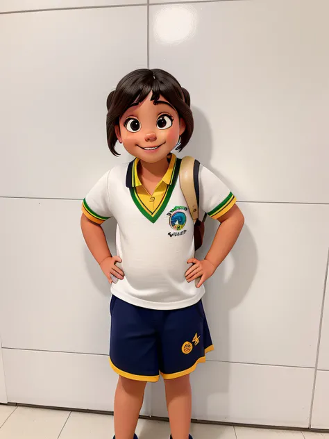 Uma garotinha sorrindo com a farda da escola