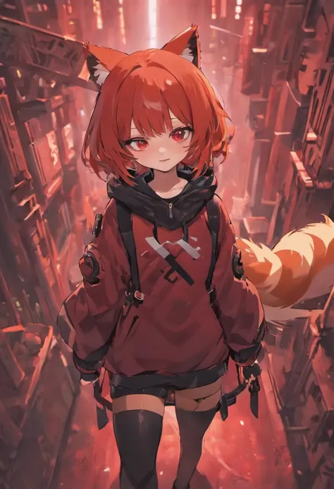 Red-haired, Red Eyes, bobbed hair, 1Girl, Holding Redpanda, Techwear Outfit, style of anime