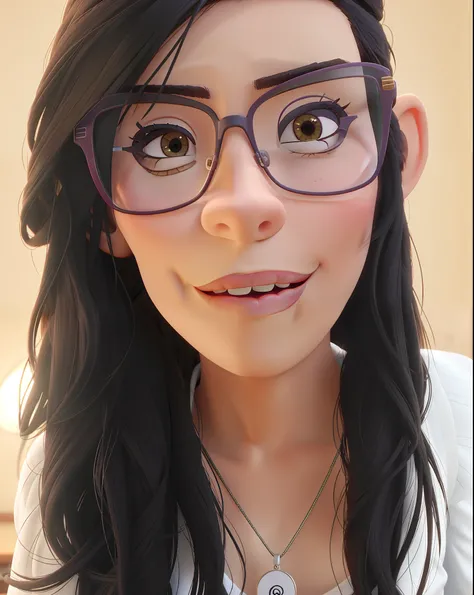 A beautiful woman in glasses ,cord, cabelos pretos, estilo Pixar, imagem melhor qualidade