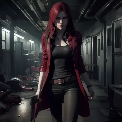 HD, Claire Redfield 40 years old, beautiful face, looking at viewer, very long red hair, perfect Face, black jeans, red long coat with black t-shirt, red nail polish, friendly face, glare, holding a gun