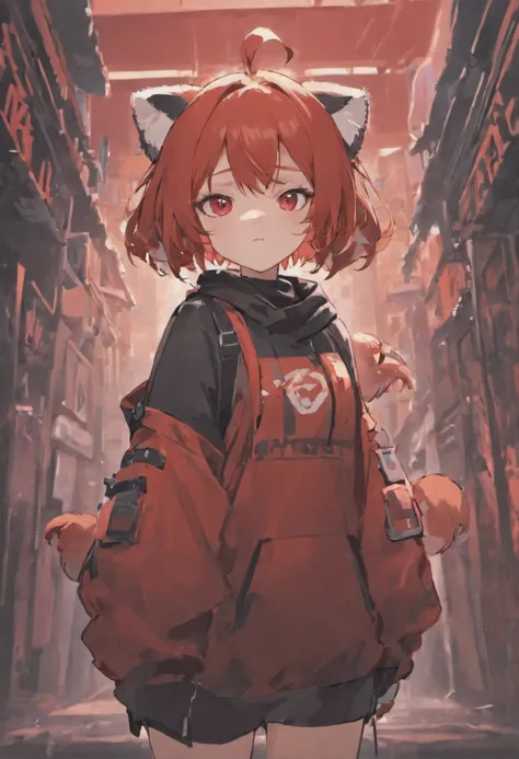 Red-haired, Red Eyes, bobbed hair, 1Girl, Holding Redpanda, Techwear Outfit, style of anime