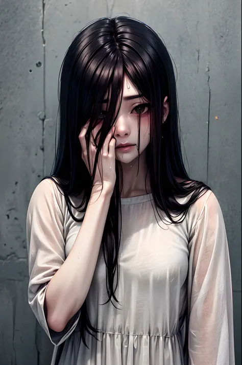 sadako, soaking wet, wet gown, grey skin, hair covering face.