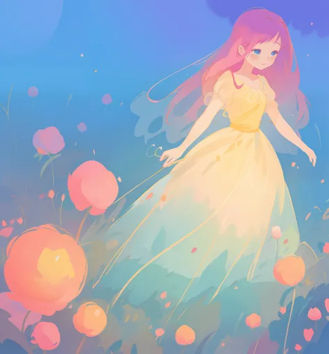 beautiful girl in puffy gradient ballgown, a field with round puffball pink flowers, otherworldly flowers, whimsical landscape, long pink flowing hair, watercolor illustration, inspired by Glen Keane, inspired by Lois van Baarle, disney art style, by Lois ...