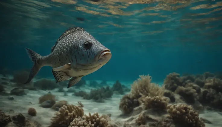 In the deep blue sea，A school of fish swims freely。