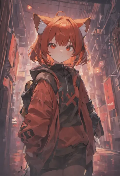 Red-haired, Red Eyes, bobbed hair, 1Girl, Holding Redpanda, Techwear Outfit, style of anime