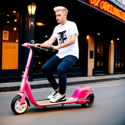 Queer feminine man with blonde hair wearing neon clothes on a kick scooter. He has two cats on his shoulders one is a Siamese kitten with no tail, the other is a tortoiseshell cat.