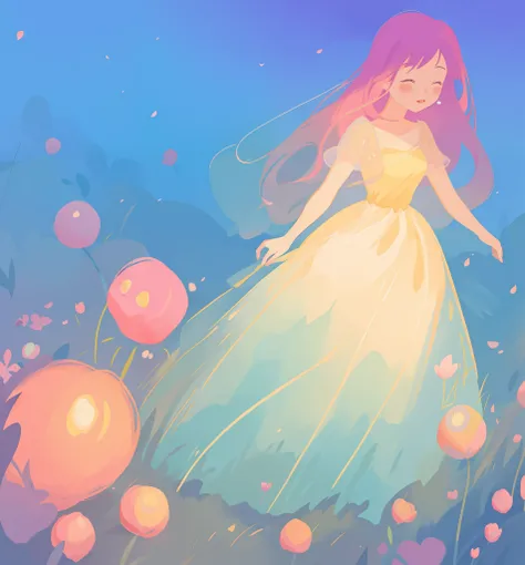 beautiful girl in puffy gradient ballgown, a field with round puffball pink flowers, otherworldly flowers, whimsical landscape, long pink flowing hair, watercolor illustration, inspired by Glen Keane, inspired by Lois van Baarle, disney art style, by Lois ...