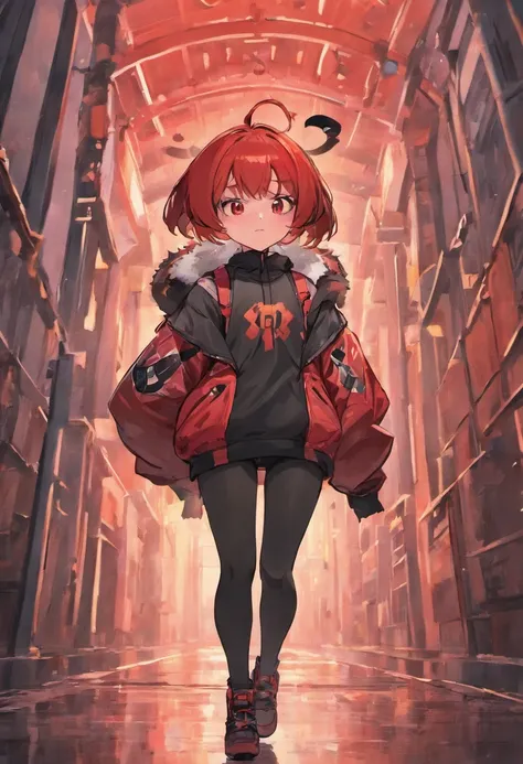 Red-haired, Red Eyes, bobbed hair, 1Girl, Carrying a Red Panda, Techwear Outfit, style of anime