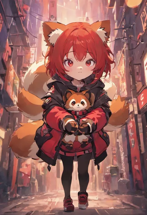 Red-haired, Red Eyes, bobbed hair, 1Girl, Carrying a Red Panda, Techwear Outfit, style of anime