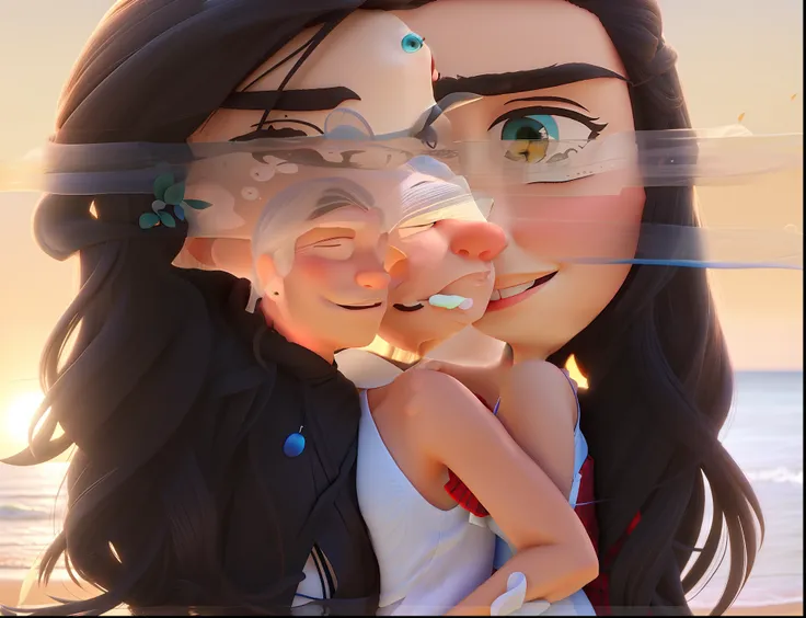 Um lindo casal , foto ao mar, estilo Pixar imagem melhor qualidade