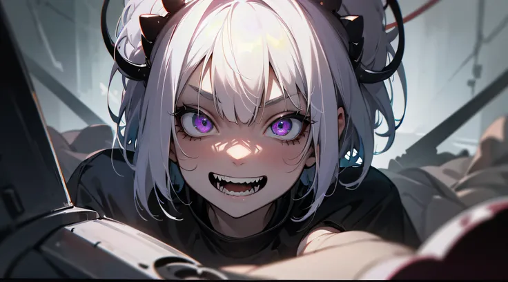 1girl, badass, crazy eyes, psycho, huge creepy smile, short white hair, high res, 8k, masterpiece, absurd, looking at viewer