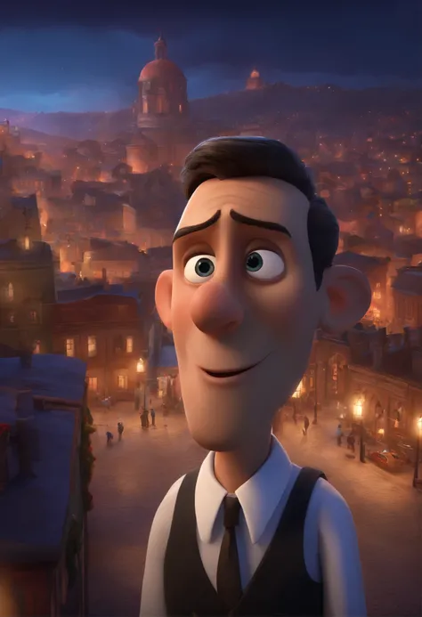 A city councilman looking at a dream project inspired by Pixar animation, de perto. The character takes center stage with captivating facial expressions, oferecendo um toque de irrealidade