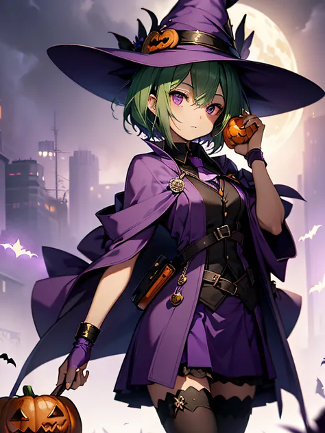 top-quality、extremely delicate and beautiful、(A teenage girl)、Purple Eye、Green hair、short-haired、(purple witch hat)、Purple tie、Tactical Vest、Soio、shortsleeves、Purple skirt、Purple Wizard Robe、Navel、is standing、Facing the front、Holding a pumpkin in one hand、...