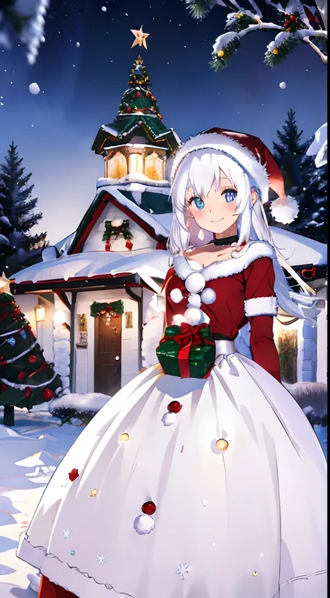 Christmas,Snowy landscape in winter,beautiful ilumination,Santa Claus in a voluminous luxurious dress,white  hair,Blue eyes,There are a lot of ornaments and gifts around,Happy smile,